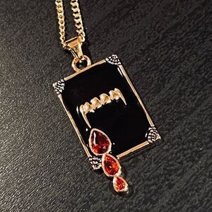 HALLOWEEN SALE 18k Stamped Gold Filled Red Garnet Crystal Vampire Fang Necklace